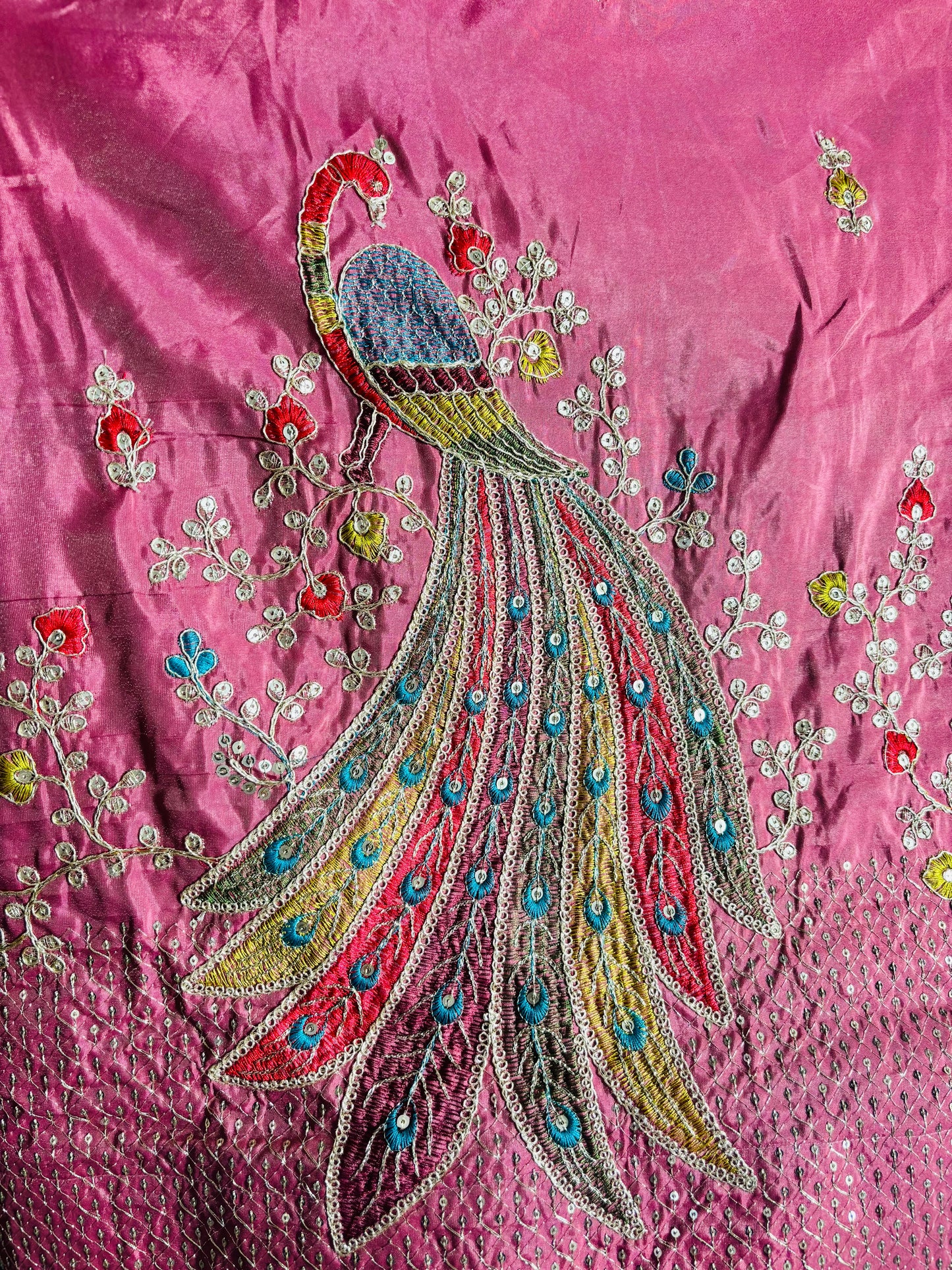 Peacock Paradise Pink Embroidered Silk Lehenga with Teal Dupatta