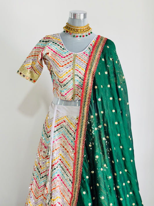 Multicolor Mirror Work Lehenga with Green Dupatta