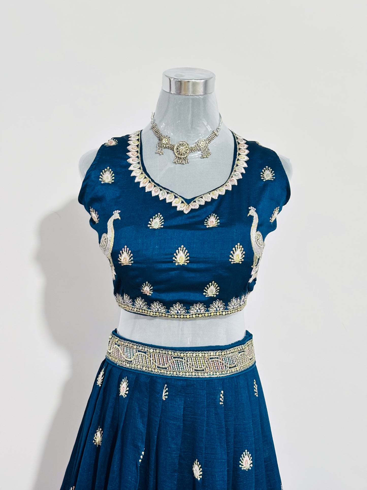 Royal Teal Embroidered Silk Lehenga Set