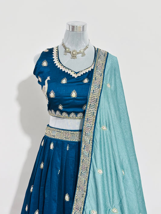 Royal Teal Embroidered Silk Lehenga Set