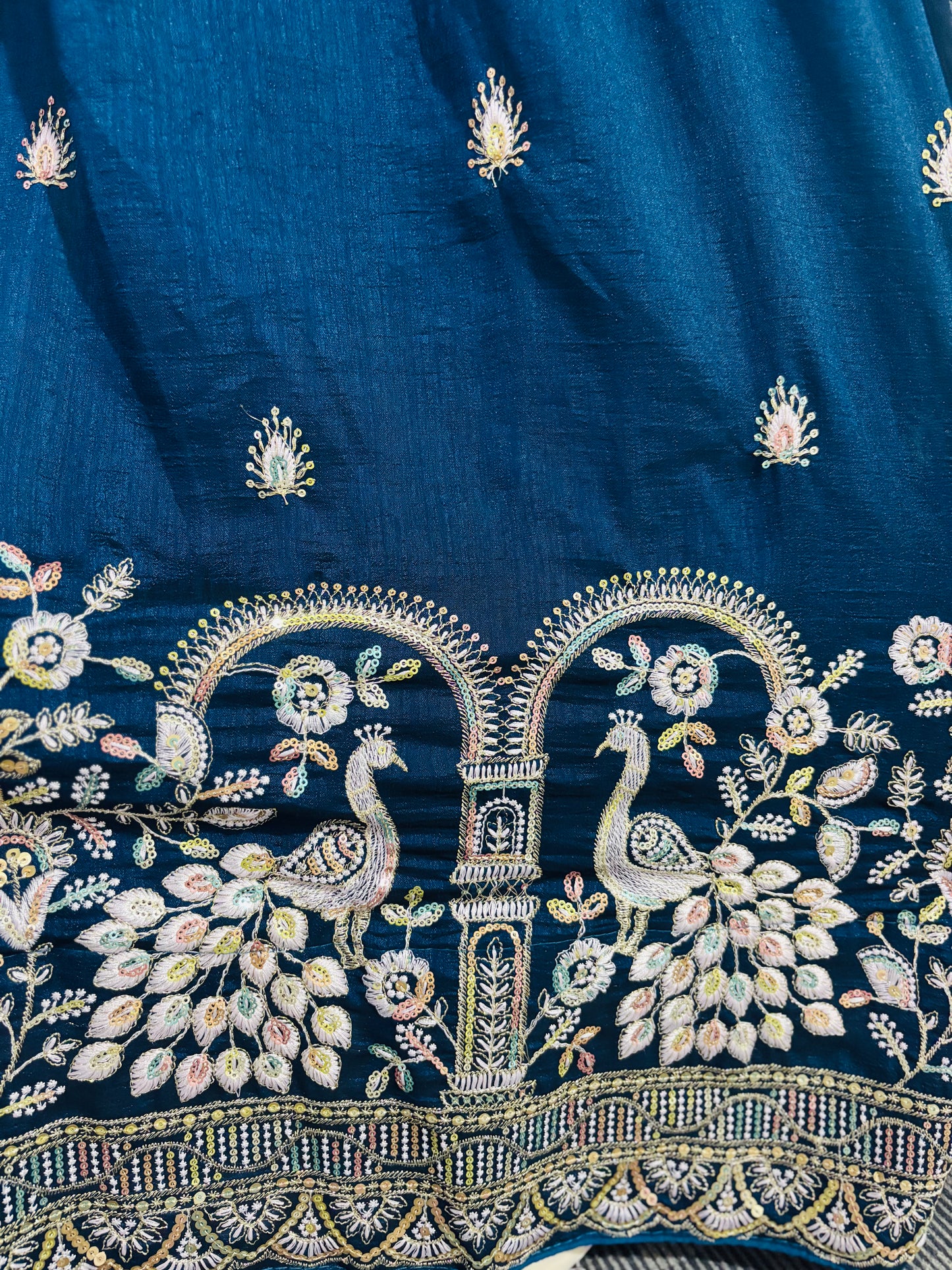 Royal Teal Embroidered Silk Lehenga Set
