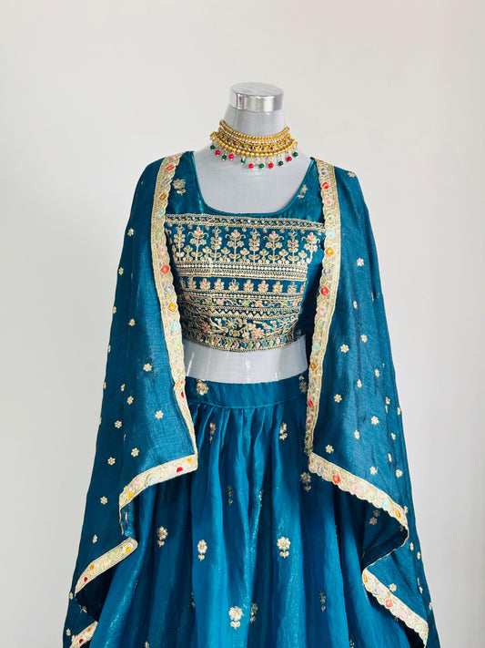 Royal Blue Embroidered Silk Lehenga Set