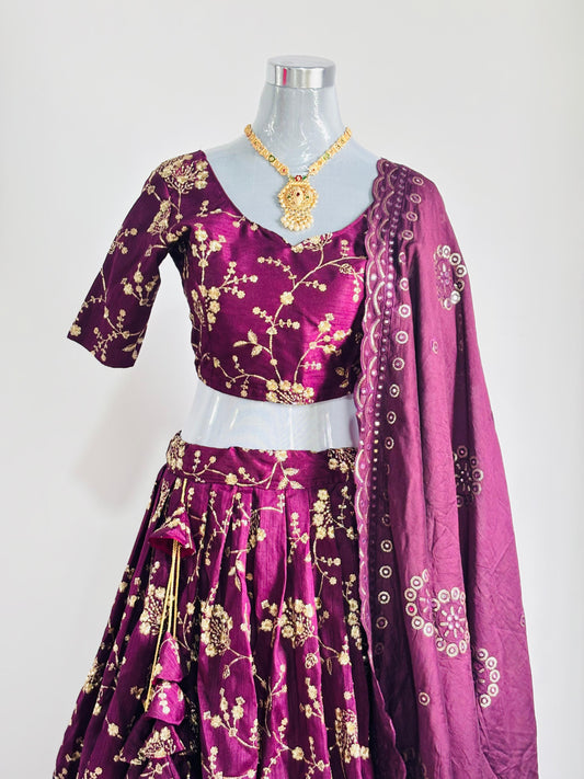 Plum Silk Embroidered Lehenga Set