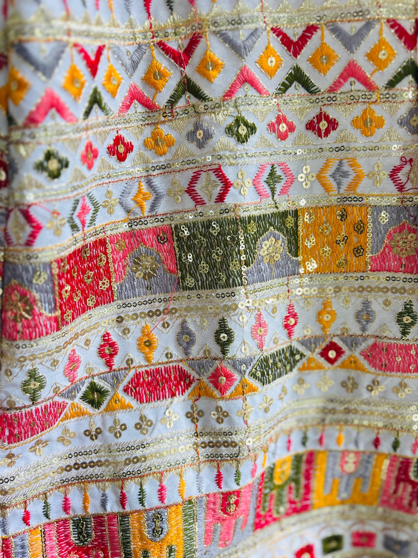 Multicolor Embroidered Lehenga with Dark Green Dupatta