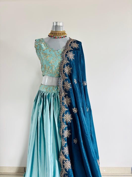 Aqua Blue Lehenga with Navy Dupatta & Golden Embroidery