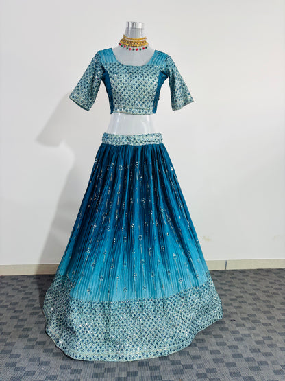 Aqua Blue Mirror Work Lehenga Set with Embroidered Blouse and Net Dupatta