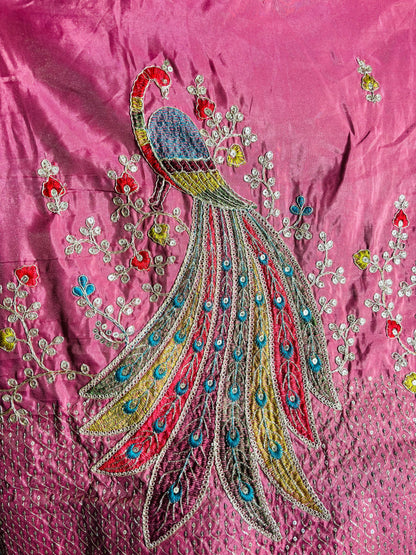 Peacock Paradise Pink Embroidered Silk Lehenga with Teal Dupatta