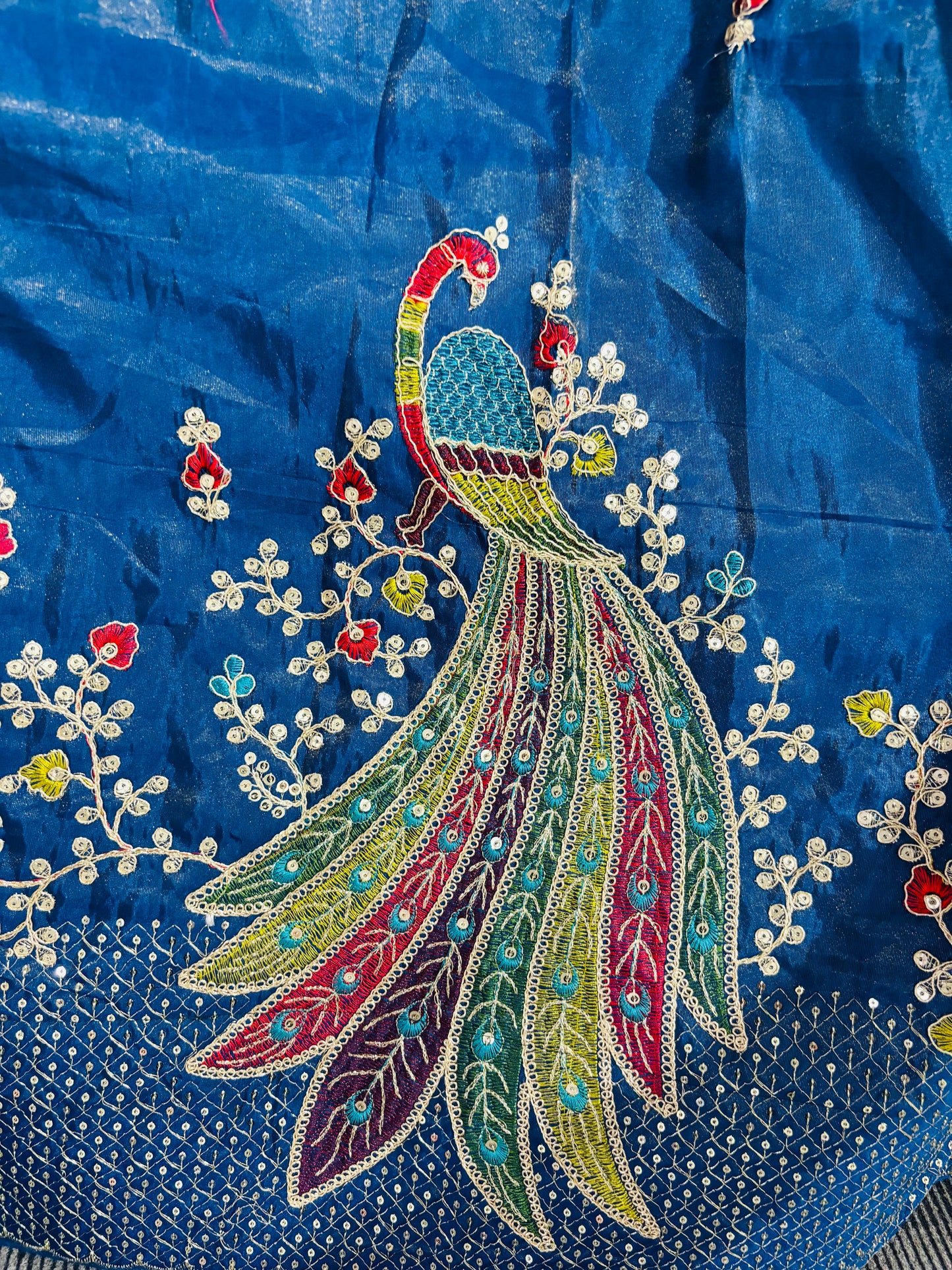 Navy Blue Peacock Embroidered Lehenga Set with Mustard Yellow Dupatta