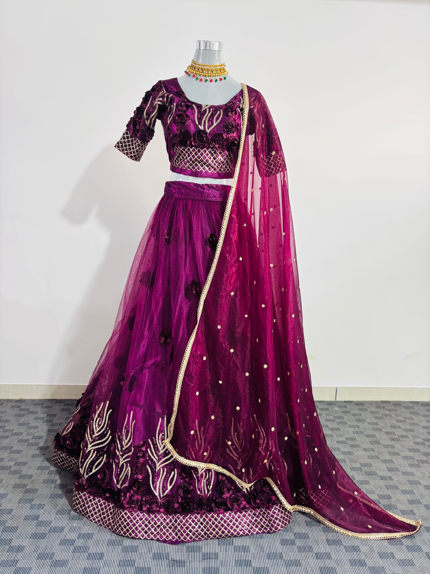 Royal Plum Embroidered Lehenga Set with Net Dupatta