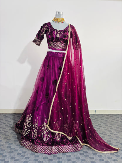 Royal Plum Embroidered Lehenga Set with Net Dupatta