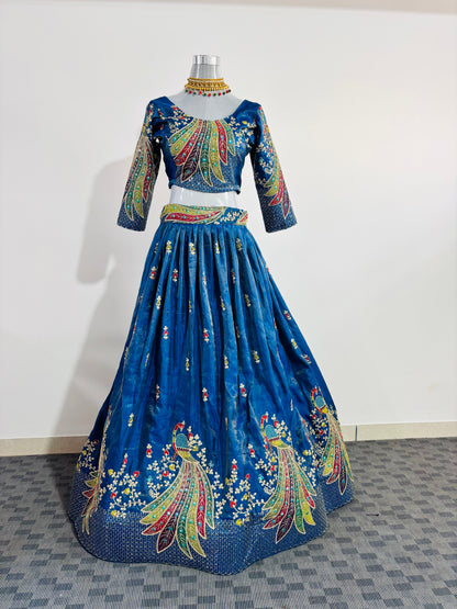 Navy Blue Peacock Embroidered Lehenga Set with Mustard Yellow Dupatta