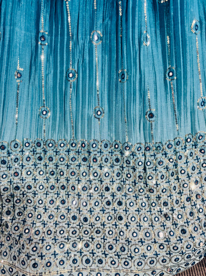 Aqua Blue Mirror Work Lehenga Set with Embroidered Blouse and Net Dupatta