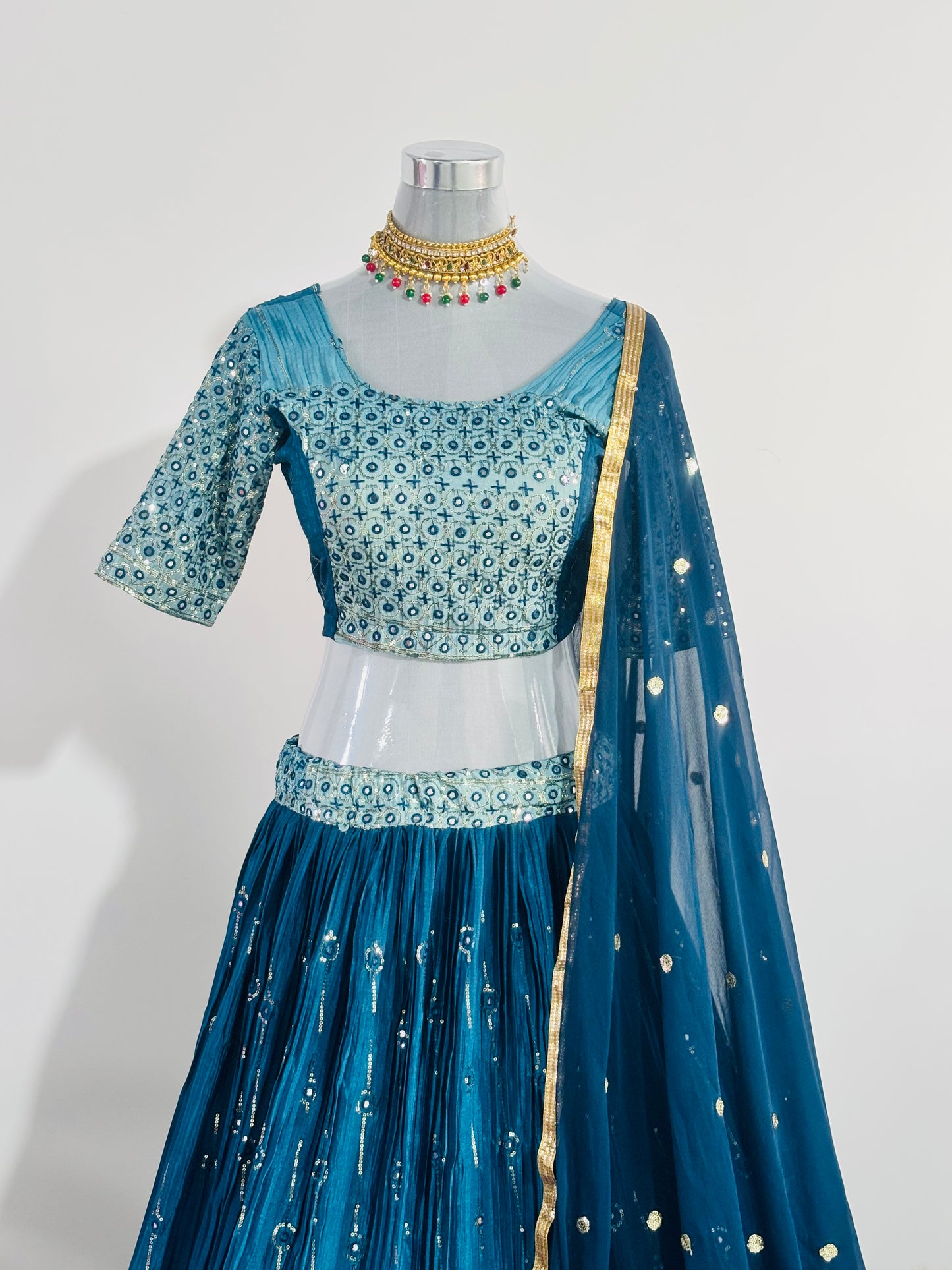 Aqua Blue Mirror Work Lehenga Set with Embroidered Blouse and Net Dupatta