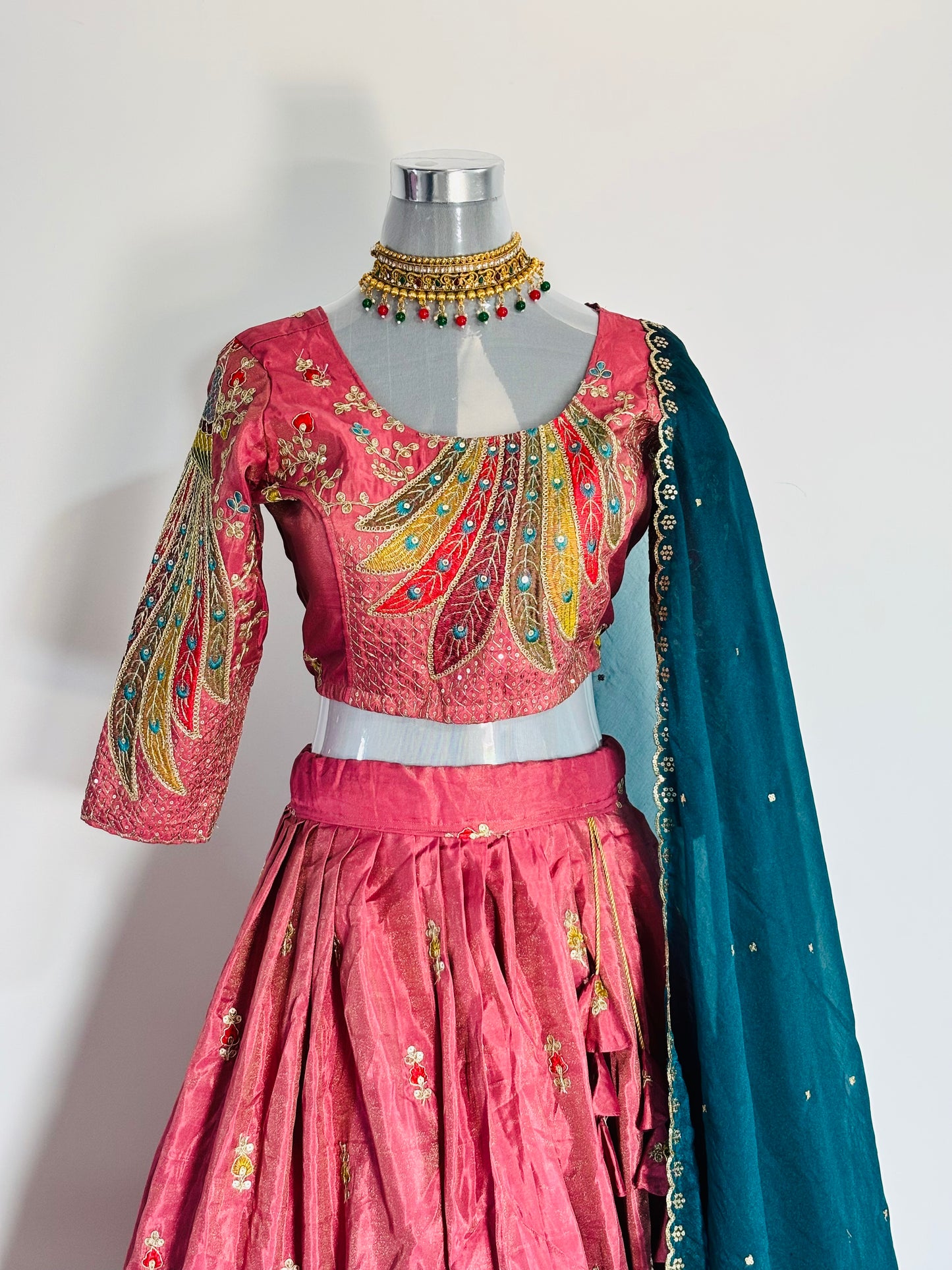 Peacock Paradise Pink Embroidered Silk Lehenga with Teal Dupatta