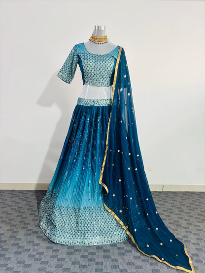 Aqua Blue Mirror Work Lehenga Set with Embroidered Blouse and Net Dupatta
