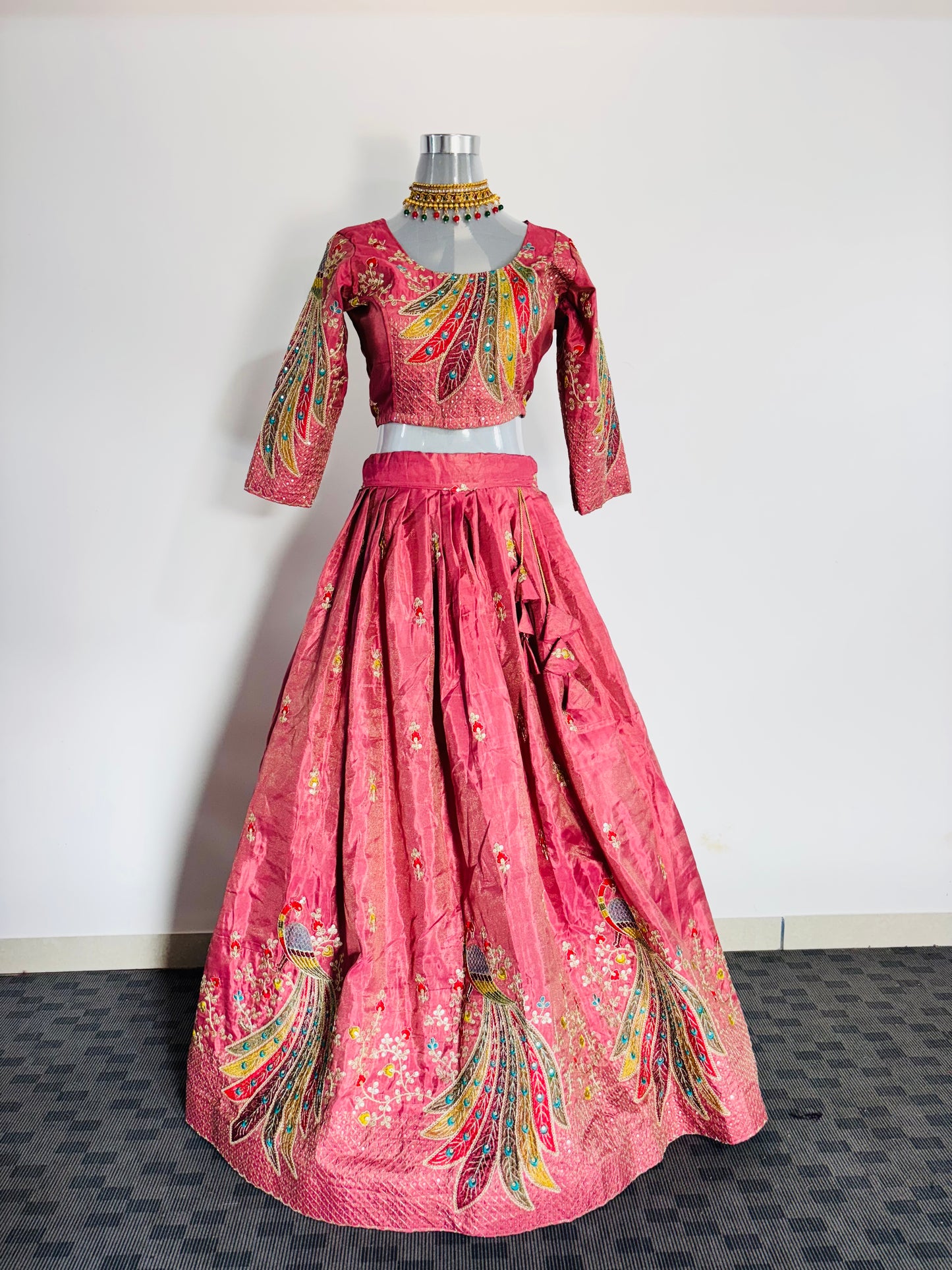 Peacock Paradise Pink Embroidered Silk Lehenga with Teal Dupatta