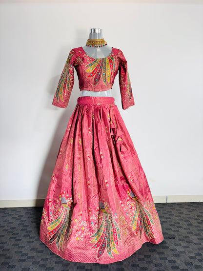 Peacock Paradise Pink Embroidered Silk Lehenga with Teal Dupatta