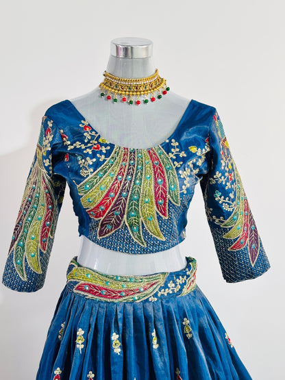 Navy Blue Peacock Embroidered Lehenga Set with Mustard Yellow Dupatta