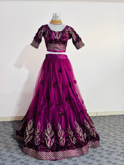 Royal Plum Embroidered Lehenga Set with Net Dupatta