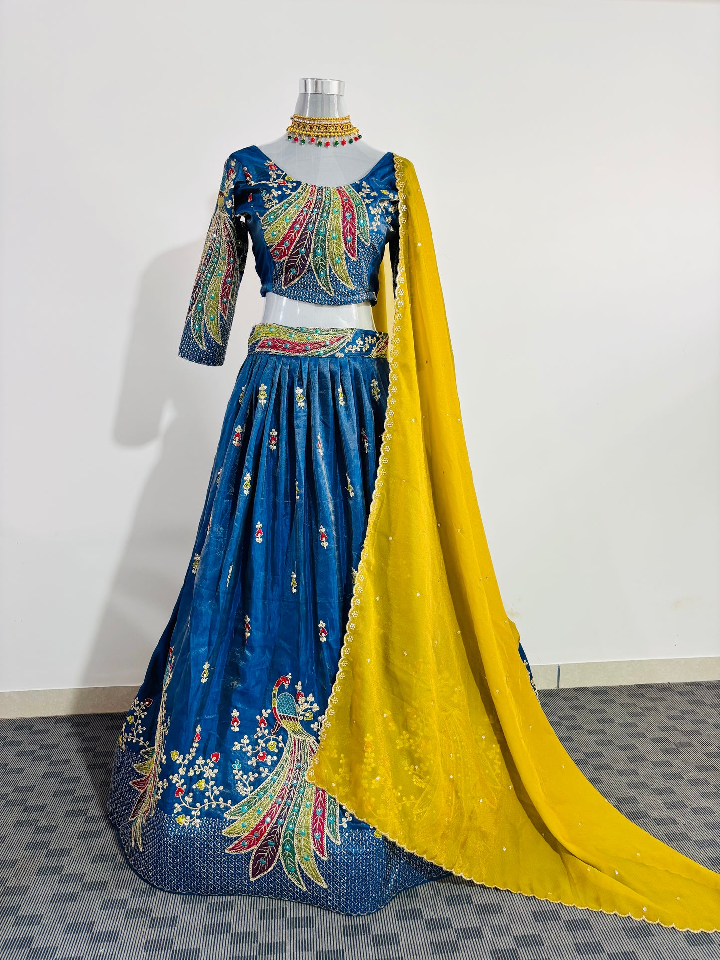 Navy Blue Peacock Embroidered Lehenga Set with Mustard Yellow Dupatta