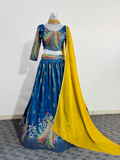 Navy Blue Peacock Embroidered Lehenga Set with Mustard Yellow Dupatta