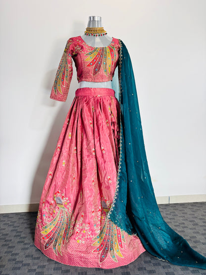Peacock Paradise Pink Embroidered Silk Lehenga with Teal Dupatta