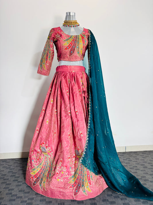 Peacock Paradise Pink Embroidered Silk Lehenga with Teal Dupatta