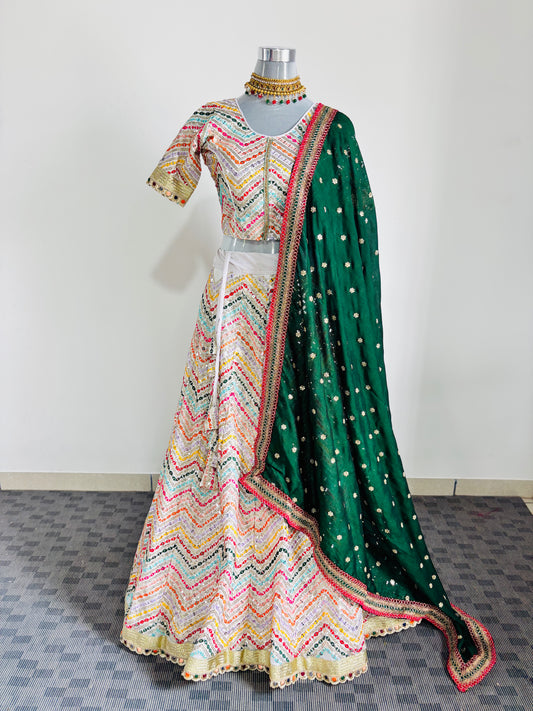Multicolor Mirror Work Lehenga with Green Dupatta
