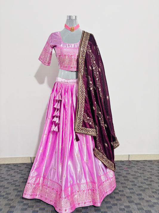 Rose Pink Embroidered Silk Lehenga Set