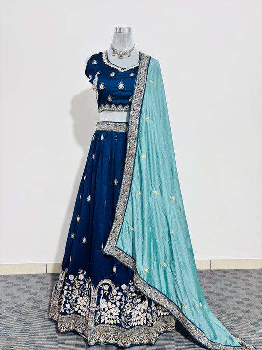 Royal Teal Embroidered Silk Lehenga Set