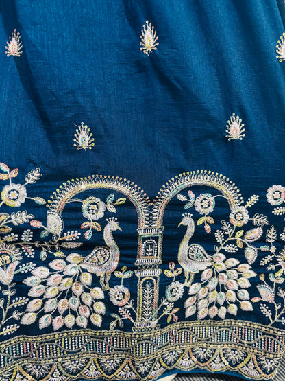 Royal Teal Embroidered Silk Lehenga Set