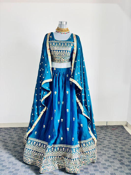 Royal Blue Embroidered Silk Lehenga Set