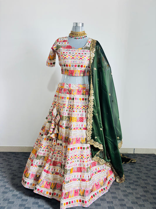 Multicolor Embroidered Lehenga with Dark Green Dupatta