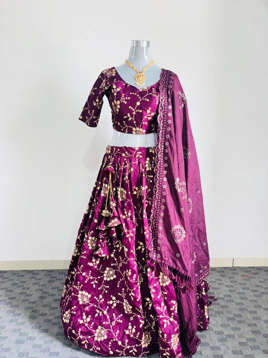 Plum Silk Embroidered Lehenga Set