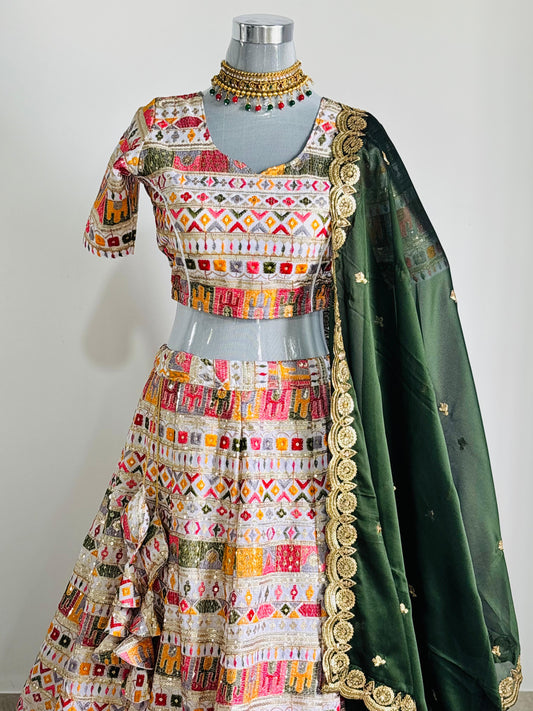 Multicolor Embroidered Lehenga with Dark Green Dupatta