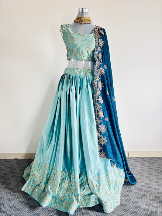 Aqua Blue Lehenga with Navy Dupatta & Golden Embroidery