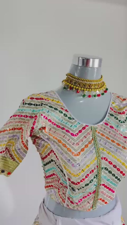 Multicolor Mirror Work Lehenga with Green Dupatta